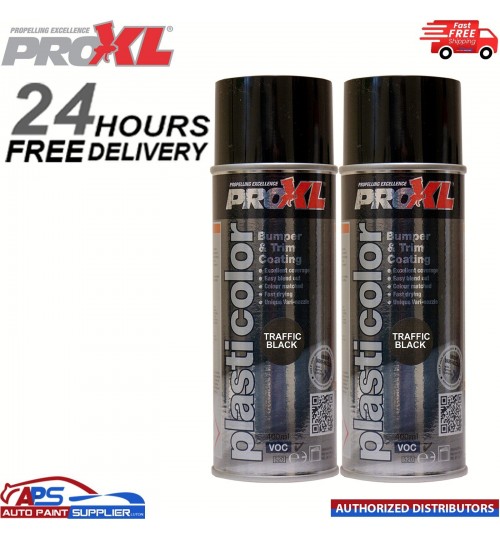 2x PRO XL PRO PLASTICOLOR BUMPER TRIM PAINT AEROSOL 400ML- PC5TB TRAFFIC BLACK
