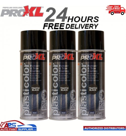 3x PRO XL PRO PLASTICOLOR BUMPER TRIM PAINT AEROSOL 400ML- PC5TB TRAFFIC BLACK