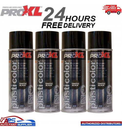4x PRO XL PRO PLASTICOLOR BUMPER TRIM PAINT AEROSOL 400ML- PC5TB TRAFFIC BLACK