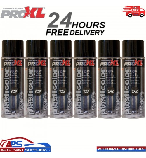 6x PRO XL PRO PLASTICOLOR BUMPER TRIM PAINT AEROSOL 400ML- PC5TB TRAFFIC BLACK