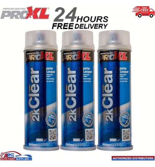 3 X PRO XL 2K CLEAR GLOSS LACQUER AEROSOL PAINT 500ml PROXL