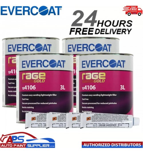 4 X EVERCOAT 104106 RAGE GOLD POLYESTER BODY FILLER WITH BPO HARDENER 3LT