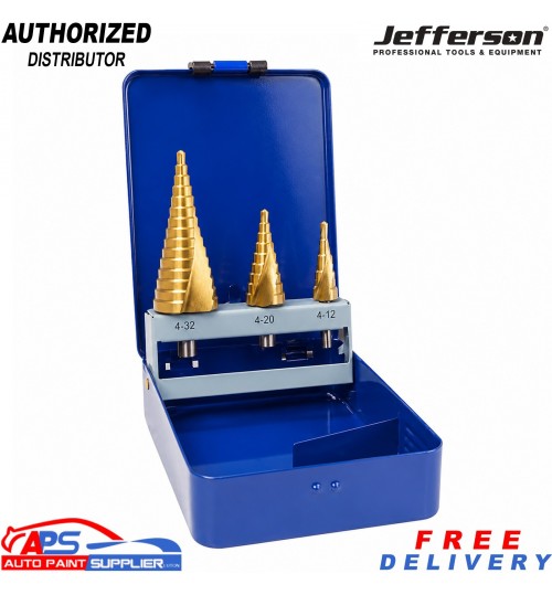 Jefferson JEFSTPSHSS03 3pc HSS Step Drill Bit Set Titanium