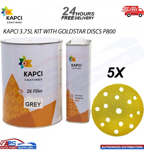 Kapci 3.75L 2K High Build Filler Primer Kit Grey With Gold Star Discs P800 5x