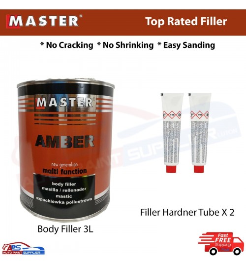 MASTER AMBER MULTI FUNCTION CAR BODY FILLER 3LTR WITH 2 X FILLER HARDENER TUBE