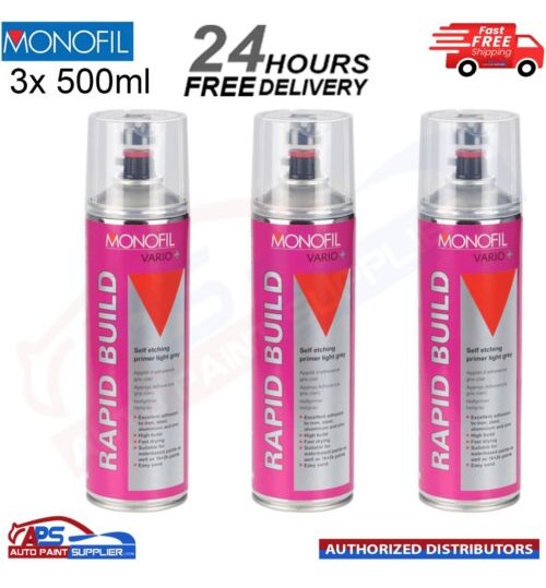 3x MONOFIL VARIO+ RAPID BUILD SELF ETCHING PRIMER LIGHT GREY Aerosol - 500ml