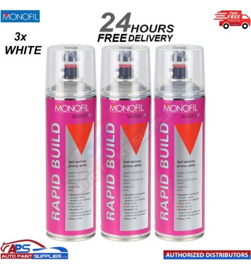 3x MONOFIL VARIO+ RAPID BUILD SELF ETCHING PRIMER WHITE Aerosol 500ml