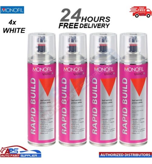 4x MONOFIL VARIO+ RAPID BUILD SELF ETCHING PRIMER WHITE Aerosol 500ml