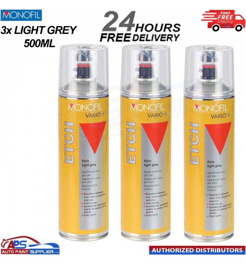 3x MONOFIL VARIO+ RAPID ETCH PRIMER FILLER LIGHT GREY SPRAY Aerosol - 500ml