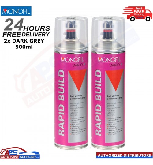 2x MONOFIL VARIO+ RAPID BUILD SELF ETCHING PRIMER DARK GREY Aerosol 500ml