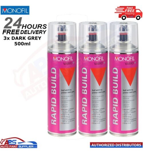 3x MONOFIL VARIO+ RAPID BUILD SELF ETCHING PRIMER DARK GREY Aerosol 500ml