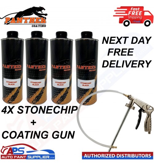 4X PANTHER COATING STONECHIP BLACK UNDERBODY - 1 LITRE + UNDERBODY COATING GUN