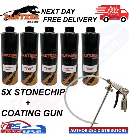 5X PANTHER COATING STONECHIP BLACK UNDERBODY - 1 LITRE + UNDERBODY COATING GUN