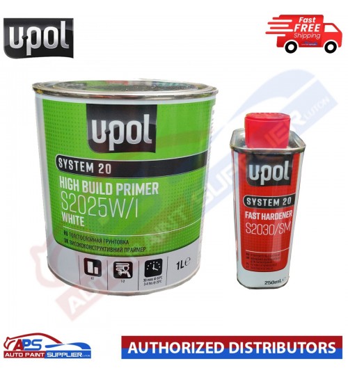 UPOL HIGH BUILD PRIMER S2025W/1 WHITE 1L - WITH S2030/SM FAST HARDENER 1.25L KIT