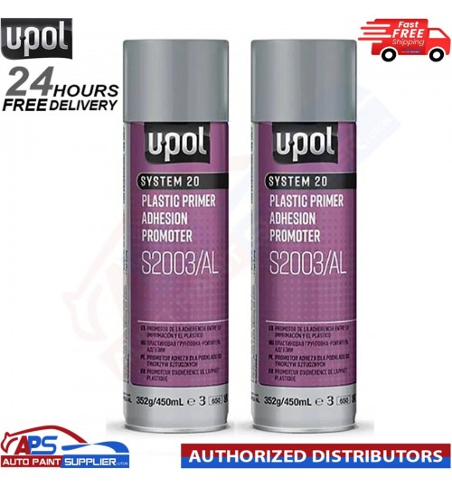 2x U-POL SYSTEM 20 PLASTIC PRIMER ADHESION PROMOTER S2003/AL AEROSOL - 450ML