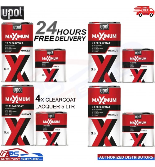 4x UPOL MAXIMUM 2K HS CLEARCOAT LACQUER 5 LTR WITH FAST HARDENER 7.5 LTR KIT