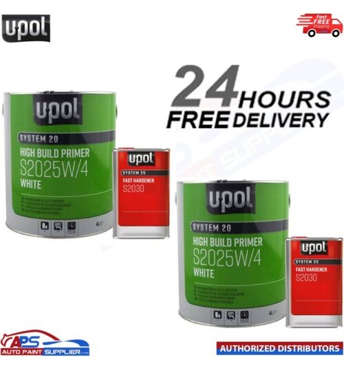 2x U-POL S2025W/4 HIGH BUILD 2K PRIMER + S2030 UPOL HARDENER - 5LTR KIT WHITE