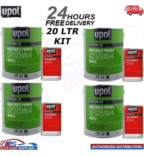 4x U-POL S2025W/4 HIGH BUILD 2K PRIMER + S2030 UPOL HARDENER - 5LTR KIT WHITE