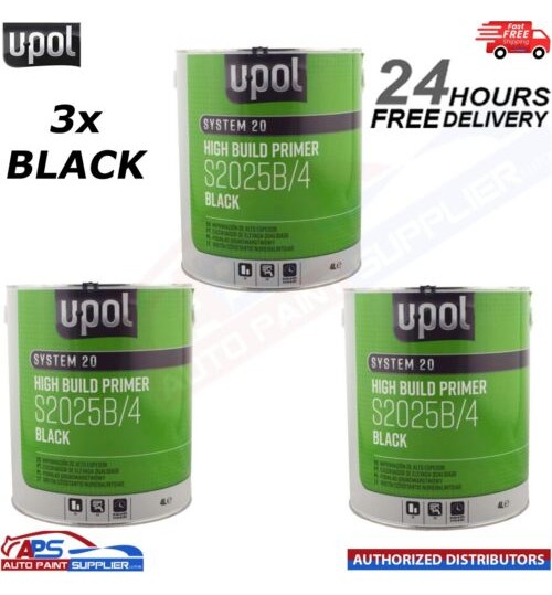 3x U-Pol 2K HS High Build Paint Primer 4:1 4 Litre BLACK S2025B - FAST DELIVERY