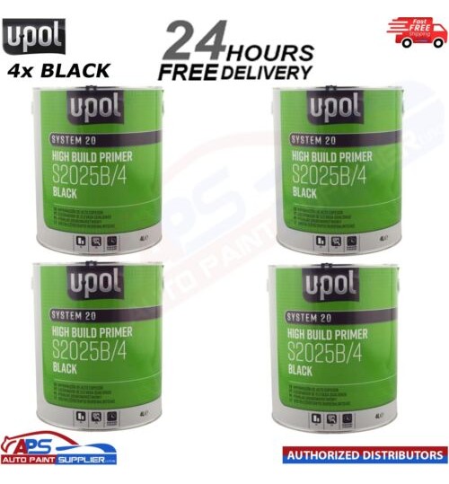 4x U-Pol 2K HS High Build Paint Primer 4:1 4 Litre BLACK S2025B - FAST DELIVERY