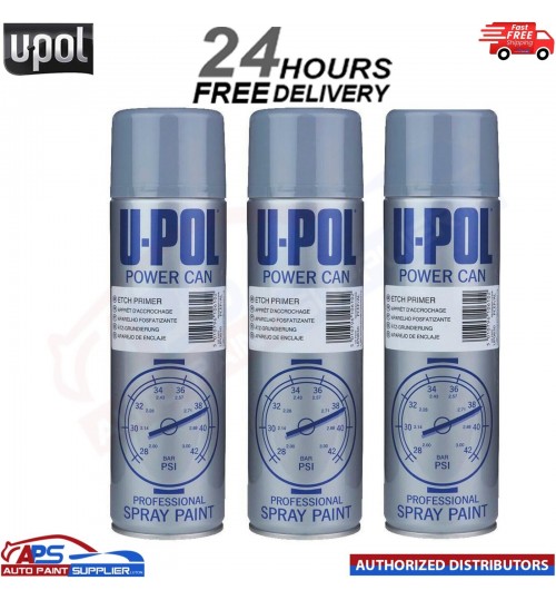 3x U-Pol Etch Primer Spray Grey Power Can Direct to metal Anti-Corrosive 500ml