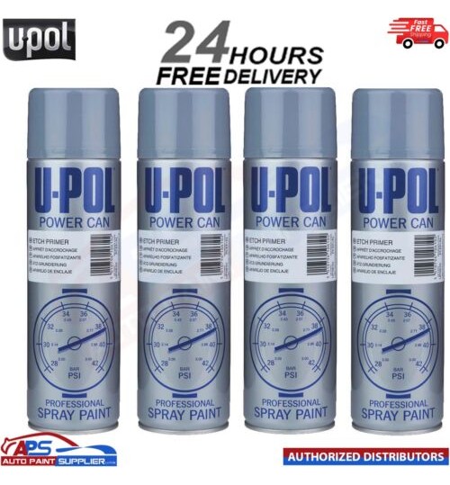 4x U-Pol Etch Primer Spray Grey Power Can Direct to metal Anti-Corrosive 500ml