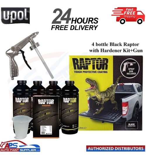 UPOL Raptor Black Kit Tough Protective Coating Bed Liner Paint With Gun- 3.8L