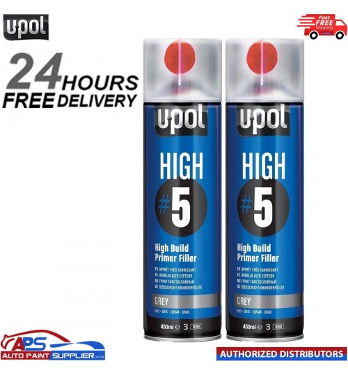 2x U-POL HIGH#5 Grey High Build Primer Aerosol 450ml UPOL HIGH 5