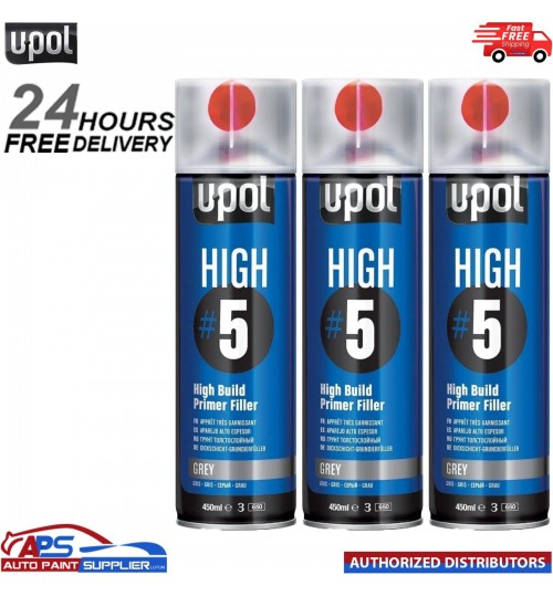 3x U-POL HIGH#5 Grey High Build Primer Aerosol 450ml UPOL HIGH 5