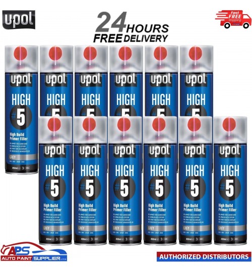 12x U-POL HIGH#5 Grey High Build Primer Aerosol 450ml UPOL HIGH 5