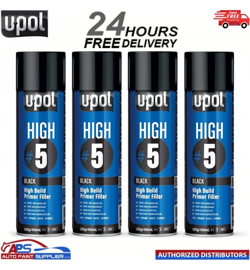 4x UPOL HIGH BUILD HIGH #5 PRIMER 450ML AEROSOL U-POL - BLACK