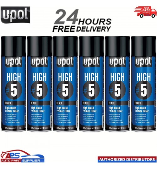 6x UPOL HIGH BUILD HIGH #5 PRIMER 450ML AEROSOL U-POL - BLACK