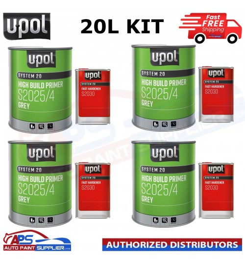 4 X U-Pol 2K High Build Paint Primer GREY S2025 + S2030 Fast Hardener 5 L KIT