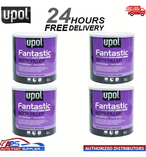 Upol Fantastic Polyester Body Filler 3 Litre x 4 - Includes Hardener & Spreader