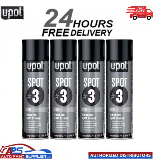 4x U-Pol Spot #3 Fast Drying Universal Grey Primer 450ml Aerosol Easy To Sand