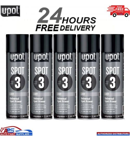 5x U-Pol Spot #3 Fast Drying Universal Grey Primer 450ml Aerosol Easy To Sand
