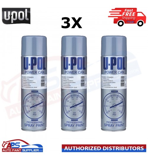 3x UPol Power Can Grey Primer Spray Aerosol Anti-Corrosive Metal 500ml