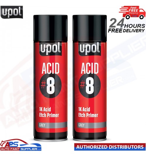 2x U-POL ACID#8 1K Acid Etch Primer GREY Aerosol Car Paint 450ML- FAST DELIVERY