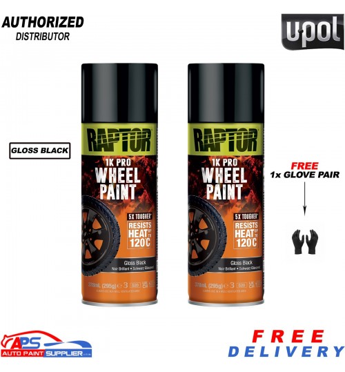 2x U-POL Raptor 1K Pro Wheel Paint Gloss Black 378ml Aerosol + 1x Glove Pair
