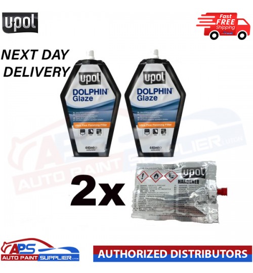 2 x U-POL Dolphin Glaze 440ml Self Levelling Glazing Putty UPOL + Hardener Tubes
