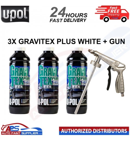 3 X U-POL GRAVITEX PLUS HS STONE CHIP COATING WHITE 1L + GUN - FAST DELIVERY