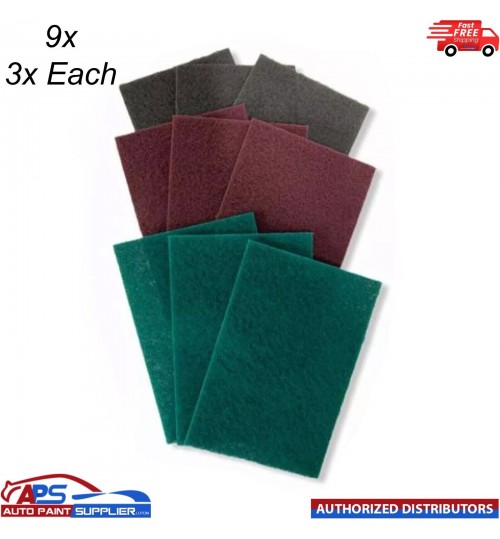 9X Scotchbrite Finishing pads Abrasive 3 of each Grit : Green Grey Red