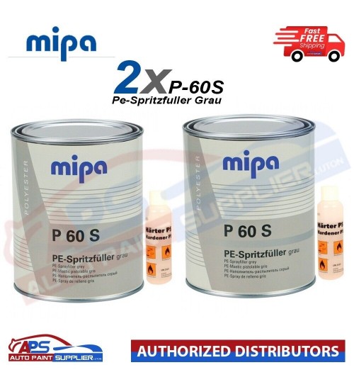 2X MIPA P60 S 2K Polyester Spray Filler + Hardener Primer Surface 1L kit