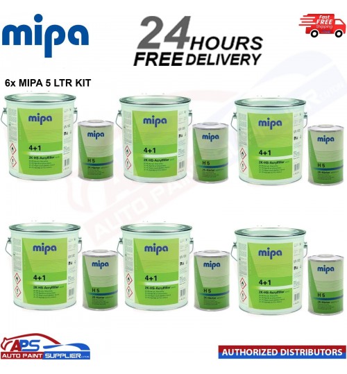 6x MIPA 4+1 2K HS ACRYFILLER HIGH BUILD PRIMER WHITE 4LTR WITH H5 1LTR - 5L KIT