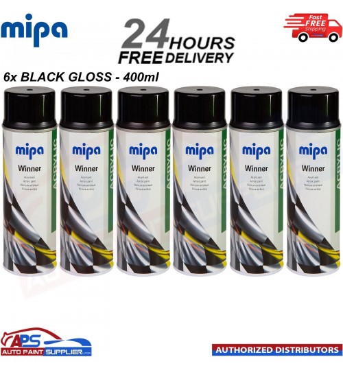 6x Mipa Winner Acrylic Spray Paint Black Glossy Aerosol - 400ml