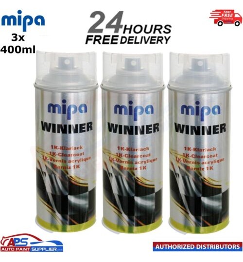 3x MIPA WINNER GLOSSY BRILLIANT 1K CLEARCOAT LACQUER AEROSOL SPRAY 400ML