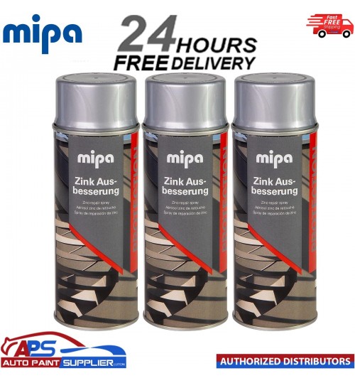 3x MIPA ZINC GALVANISED SILVER REPAIR TOUCH UP AEROSOL 400ML - FAST DRYING