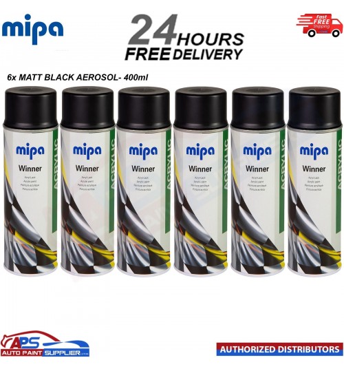 6x Mipa Winner Acrylic Spray Acrylic Paint Matt Black - 400ml Aerosol