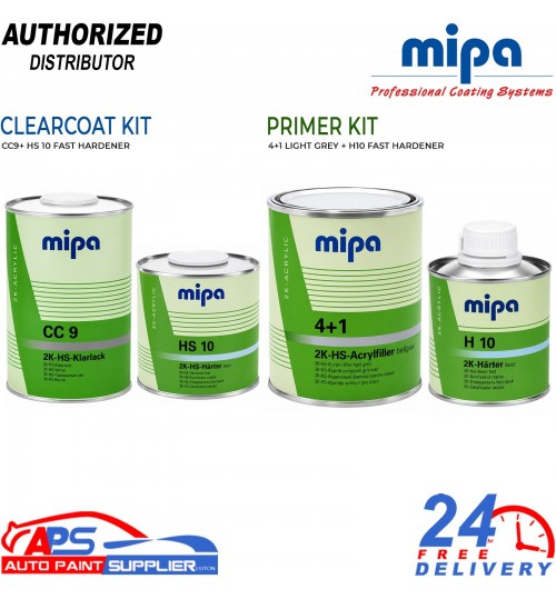 MIPA CC9 HS Clearcoat & 4+1 High Build Grey Primer Kit Fast Hardener