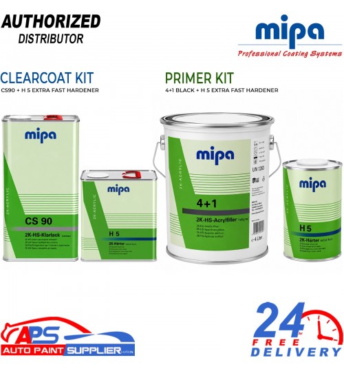 MIPA CS90 2K HS Clearcoat & 4:1 Primer 5L Kit Black - Extra Fast Hardener